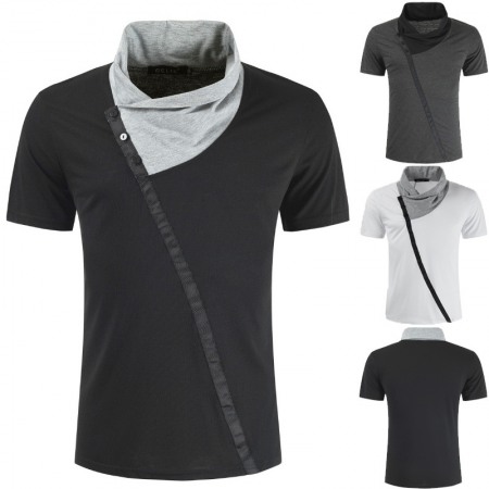 Casual Korean Slim Men's Summer T-Shirt Personality Stitching Lapel Fashion Casual Short-Sleeved T-Shirts